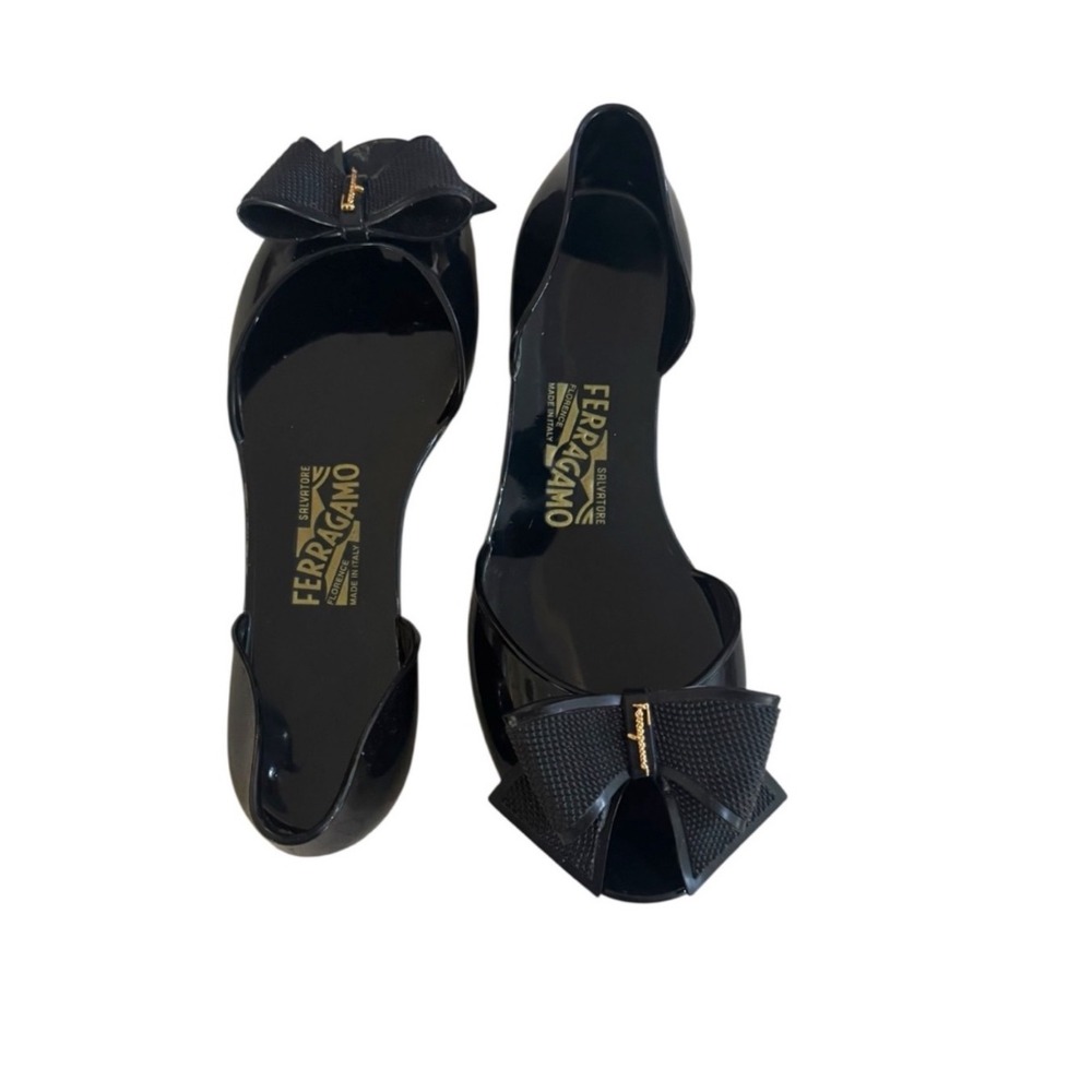 Salvatore Ferragamo Black Barbado Bow Peep Toe‎ Jelly Flats Size 8 - Picture 2 of 11